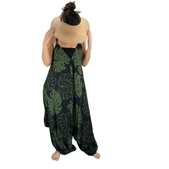 Pōʻalima Black Green Monstera Tropical Boho Wide Leg Beach Romper - Picture 3 of 15